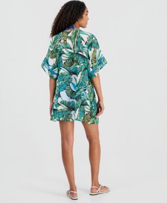 Juniors' Leaf-Trim Palm-Print Cover-Up Kimono, Macy's Exclusive