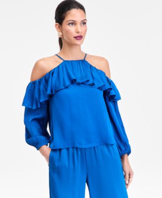 I.N.C. International Concepts - Women's Cold-Shoulder Long-Sleeve Ruffle Blouse