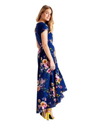 Women's Floral Print Dipped Hem Wrap Midi Dress
