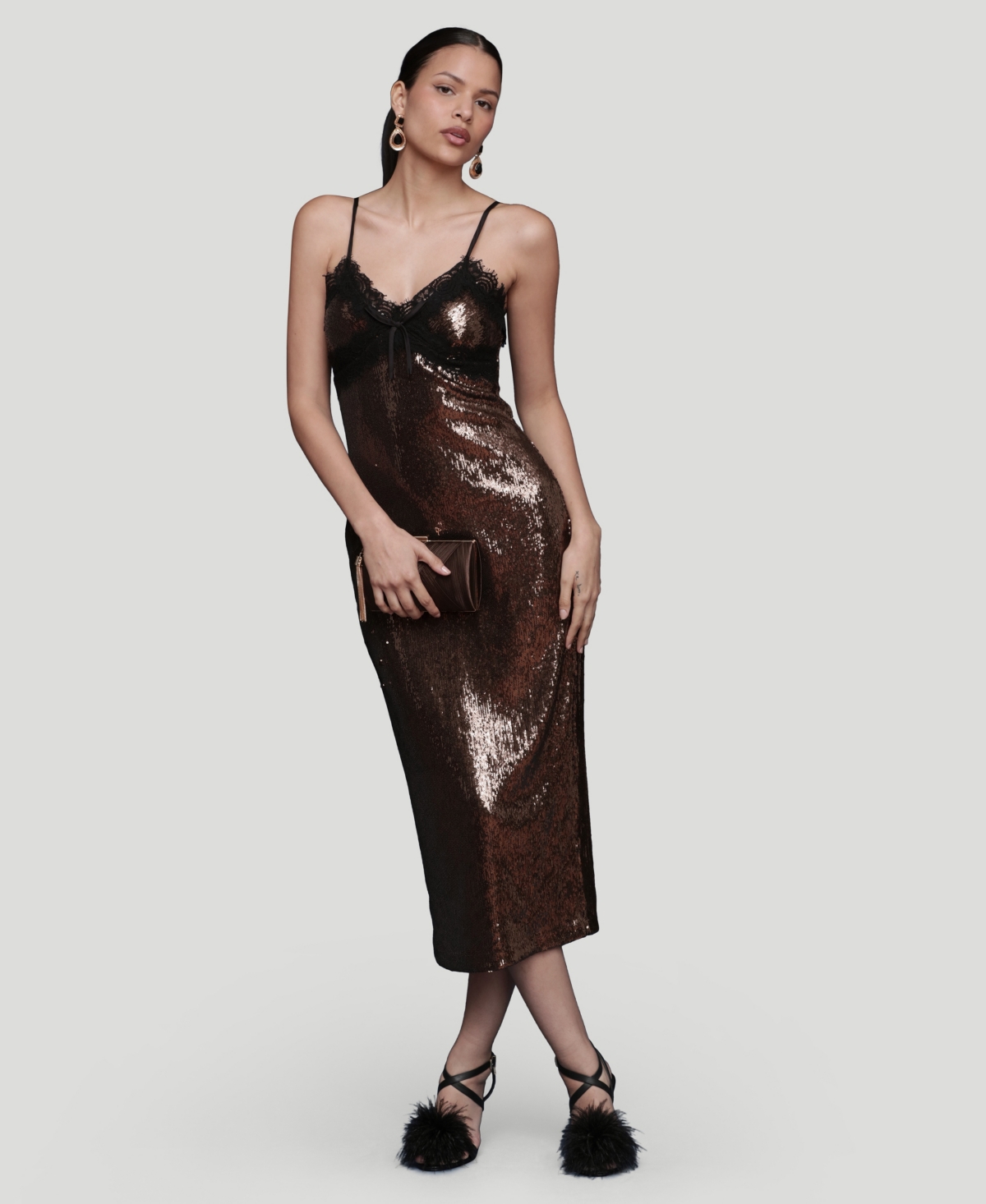 Avec Les Filles Women's Lace Trim Sequin Cami Midi Dress In Pattern