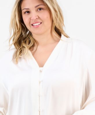 Plus Size Matte Satin V-Neck Pleated-Cuff Blouse