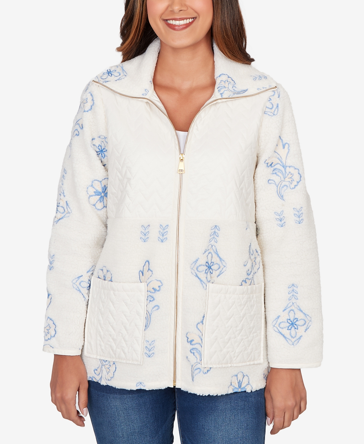 Ruby Rd. Petite Embroidered Quilted Shearling Jacket In White