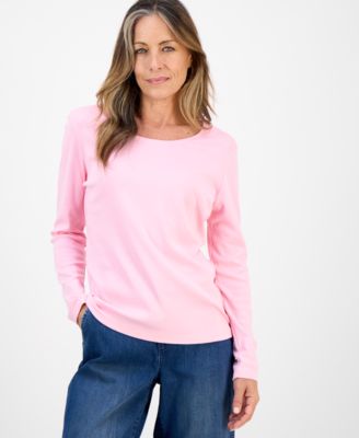 Petite Scoop-Neck Long-Sleeve Cotton Top, Created for Macy's 