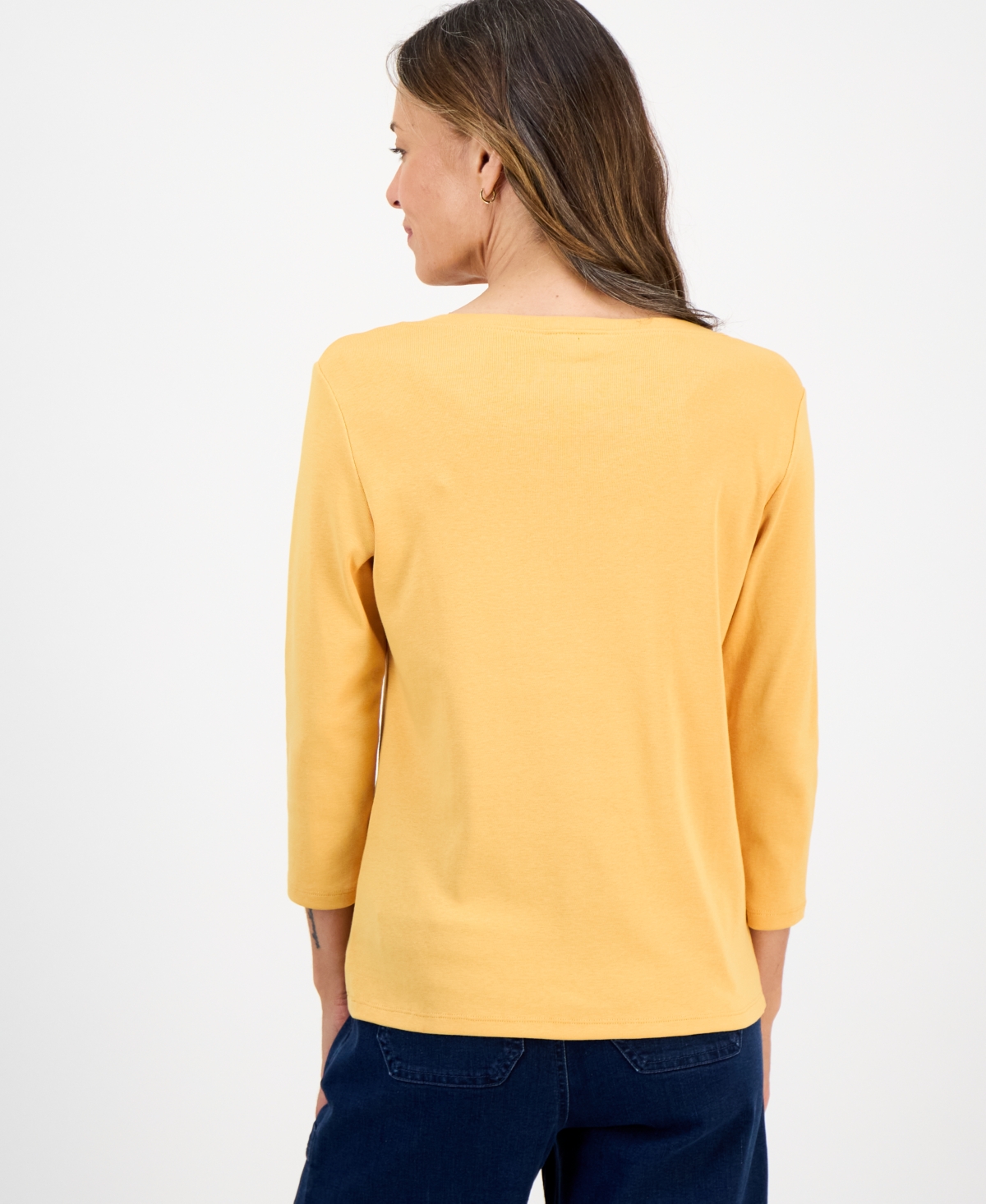 Style & Co Petite Cotton Knit Henley 3/4-sleeve Top, Created For Macy's In Gold