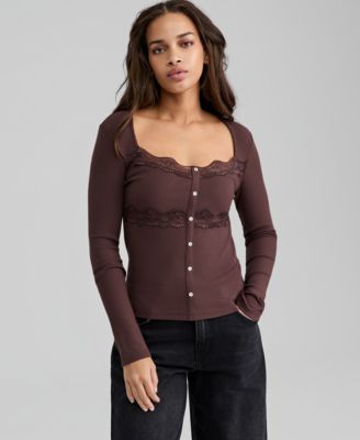 And Now This - Petite Knit Lace-Trim Henley Top