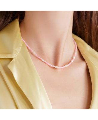 16" Lusia Necklace with Light Pink Dyed Shell Pearls and Freshwater Pearl Accents in 18K Gold Plated Stainless Steel