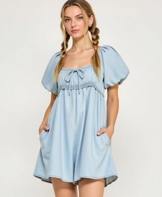 Women's Puff-Sleeve Tie-Front Empire-Waist Romper