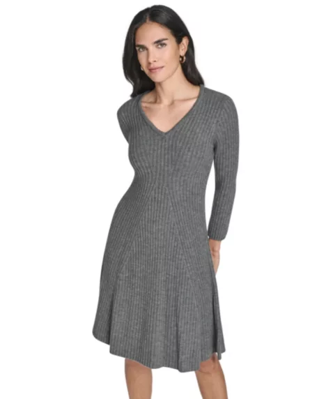Petite V-Neck Fit & Flare Ribbed Dress - Gray
