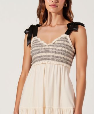 Women's Smocked Lace-Trim Maxi Dress with Satin Bow-Tie Straps