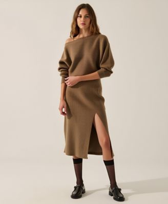 Women's Rib Knit One Shoulder Dolman Midi Sweater Dress