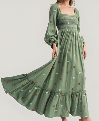 Women's Floral-Embroidered Smocked Tiered Maxi Dress