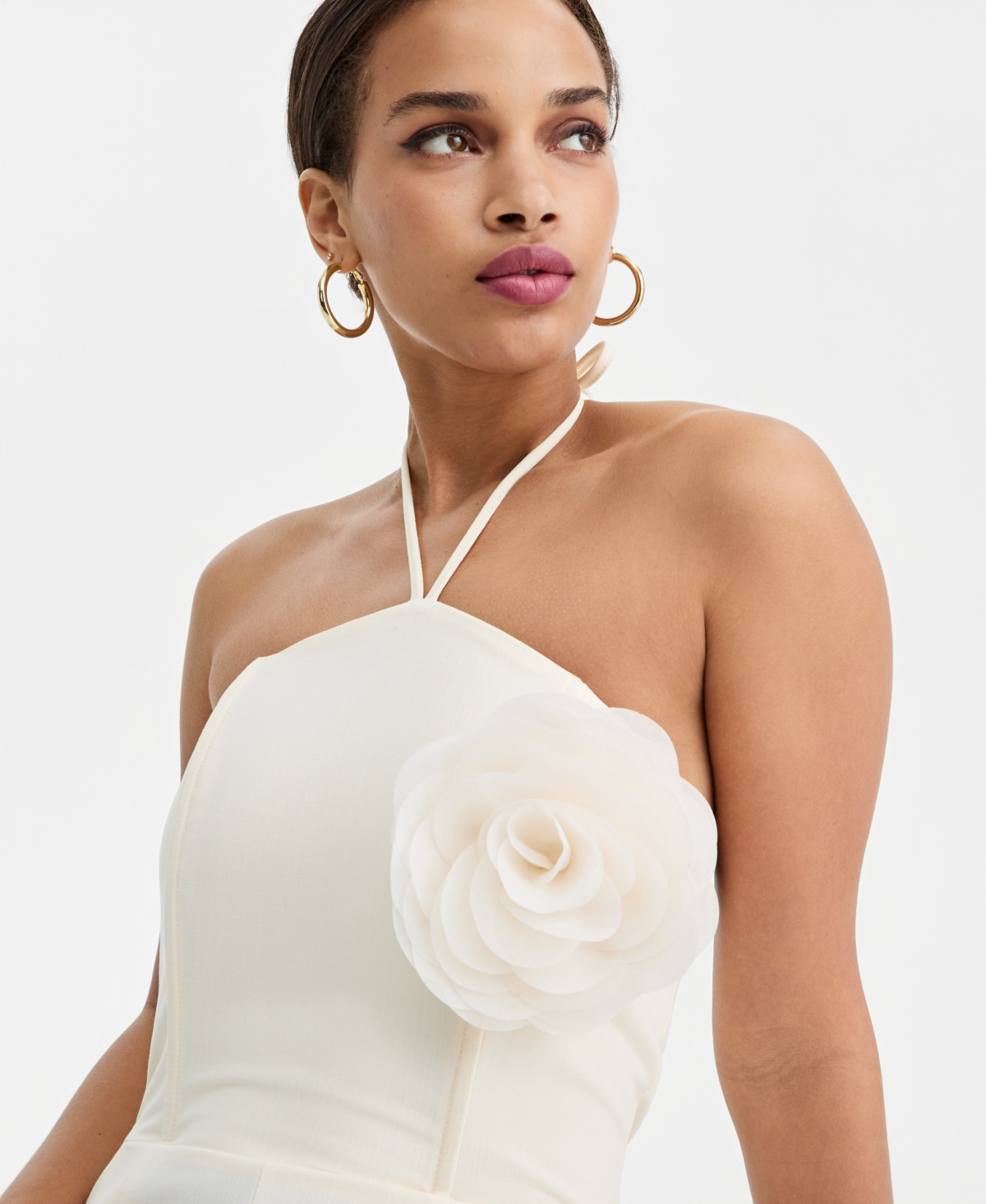 Bar Iii Women's Rosette Halter Neck Wide-leg Jumpsuit, Macy's Exclusive In White