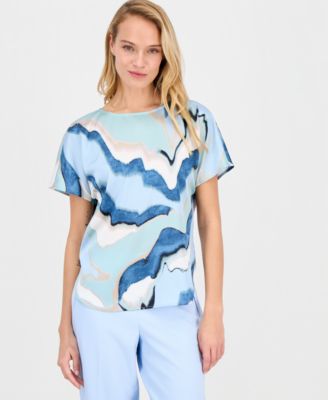 Anne Klein - Women's Printed Boat-Neck Short-Sleeve Top