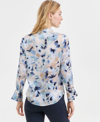 Women's Printed V-Neck Split-Cuff Blouse