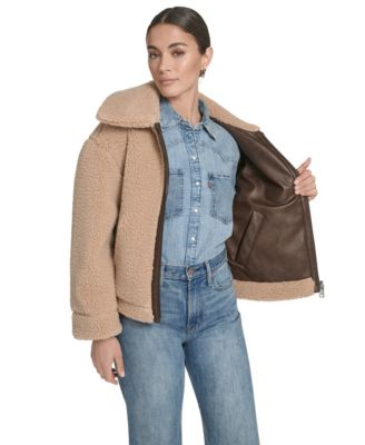Women's Regular Reversible Sherpa to Faux Leather Aviator Jacket