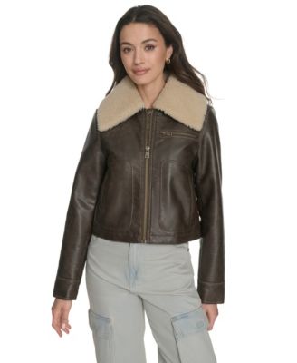 Women's Regular Faux Leather Aviator Jacket