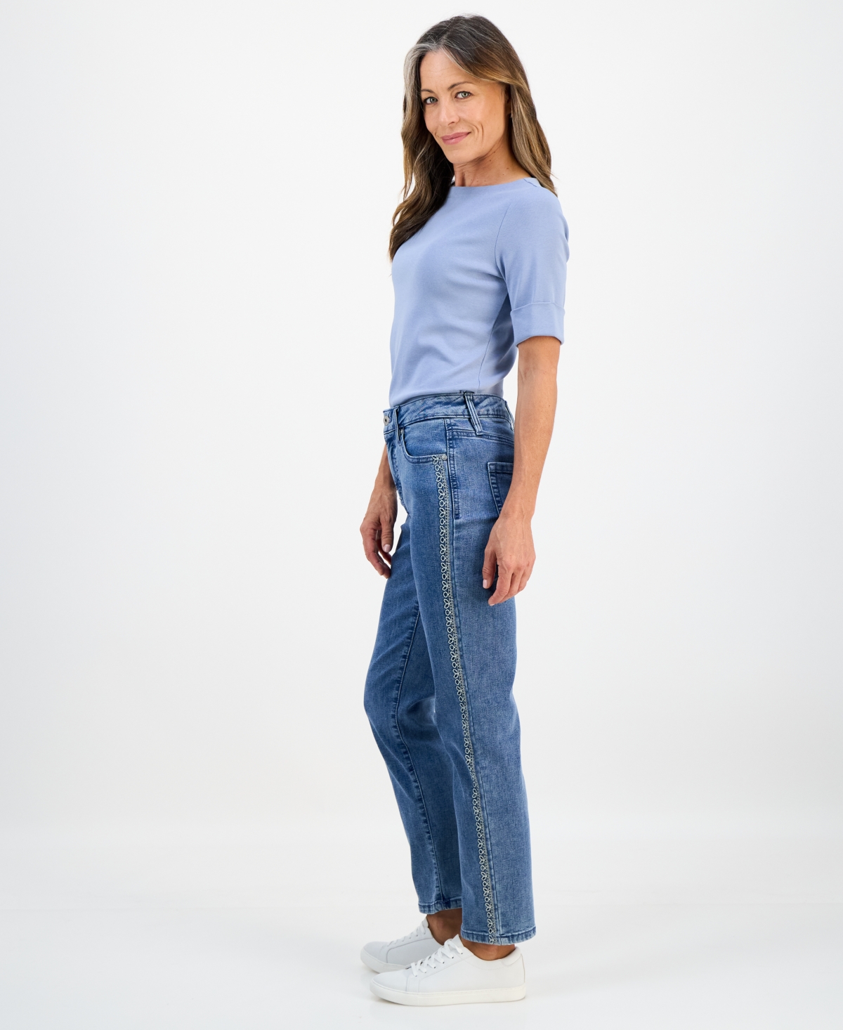 Style & Co Petite Embroidered High Rise Straight-leg Jeans, Macy's Exclusive In Blue