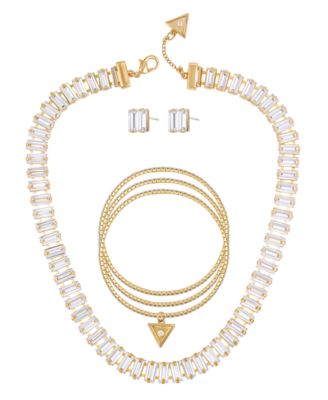 3-Pc. Rhinestone and Glass Stone Metal-Tone Necklace, Stud Earrings, and Bracelet Set