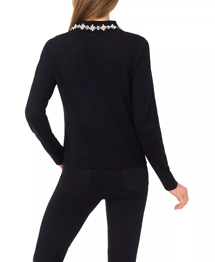 Women's Collared Neck Embellished Polo Sweater - thumbnail 6