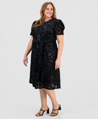 Plus Size Puff-Sleeve Burnout Midi Dress