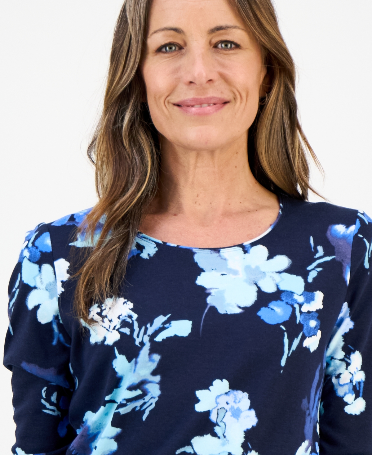 Style & Co Petite Floral Print Long Sleeve Top In Blue