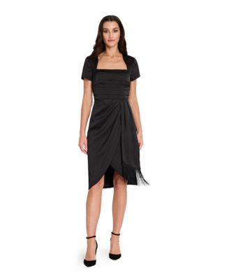 Tahari ASL - Women's Short Sleeve Pleated Bodice Fringe Sheath Dress