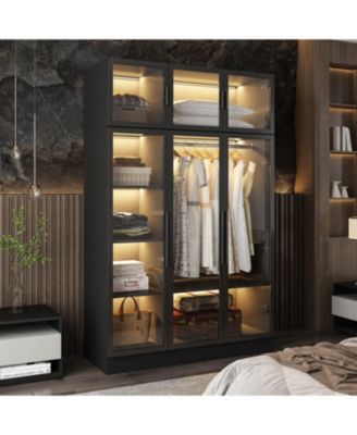 6-Glass Doors Armoire，Metal Frame Wardwore with LED Lights, Hanging Rod,Bedroom Closet