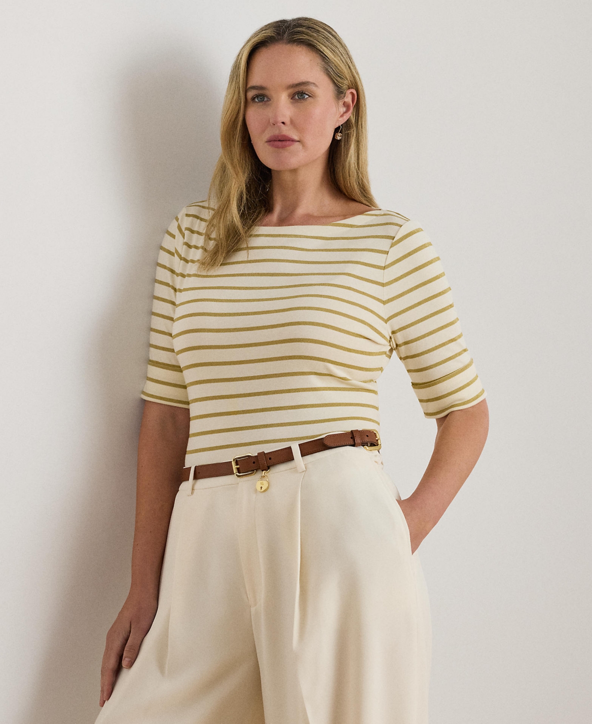 Ralph Lauren Plus Size Metallic Striped Boat Neck T-shirt In Neutral