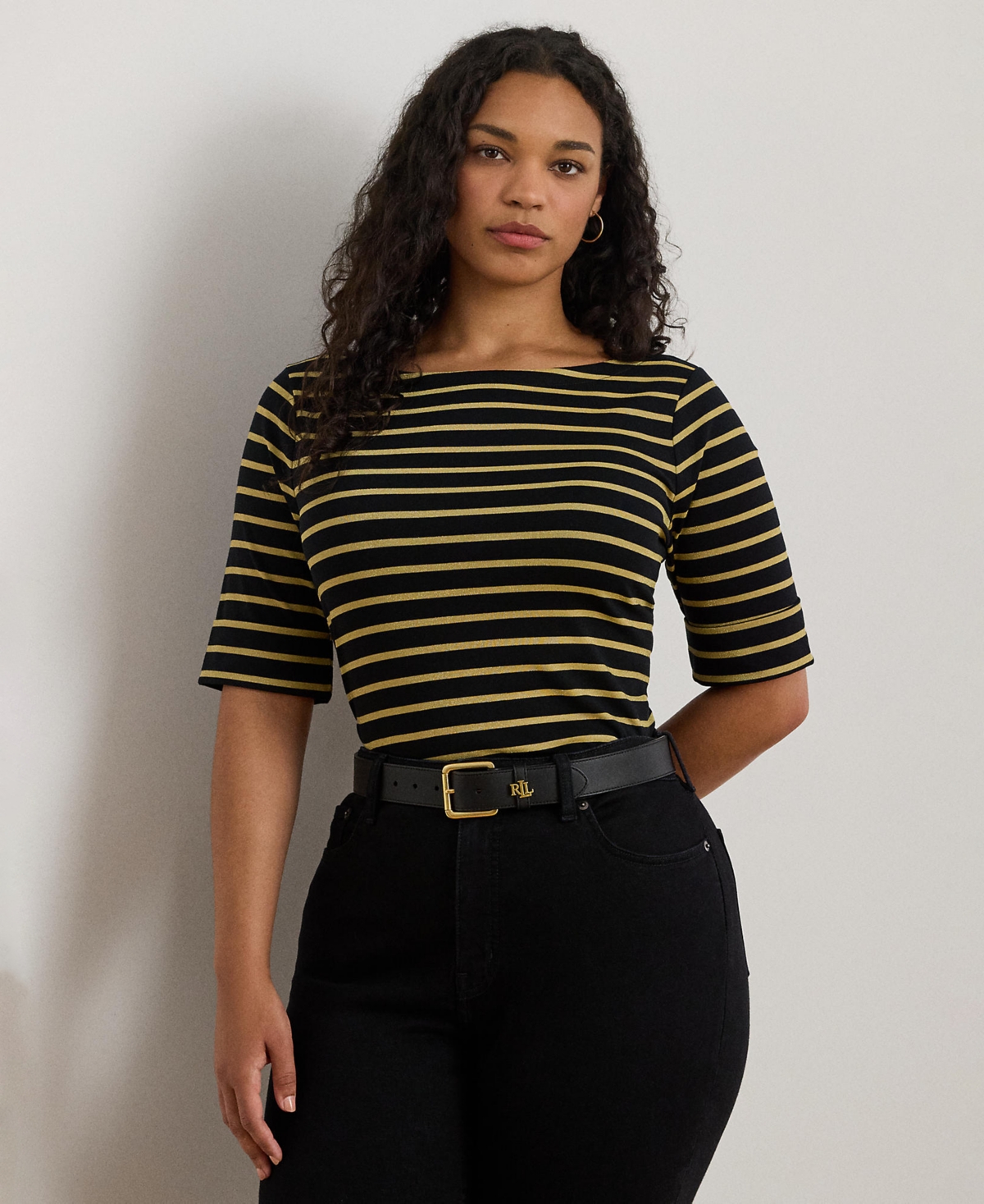 Ralph Lauren Plus Size Metallic Striped Boat Neck T-shirt In Black