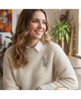 Giraffe Zoo Animal Brooch Pin CZ Colorful Pave Cubic Zirconia Silver Tone Rhodium Plated