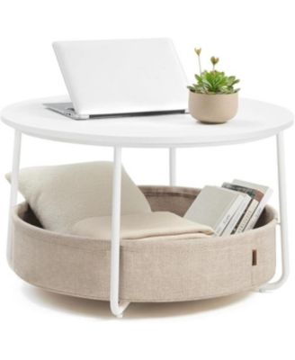Round Coffee Table with Fabric Basket, Ink Black and Slate Gray