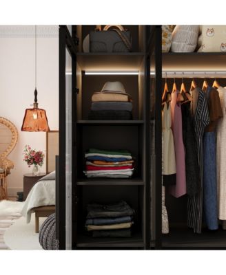 6-Glass Doors Armoire，Metal Frame Wardwore with LED Lights, Hanging Rod,Bedroom Closet