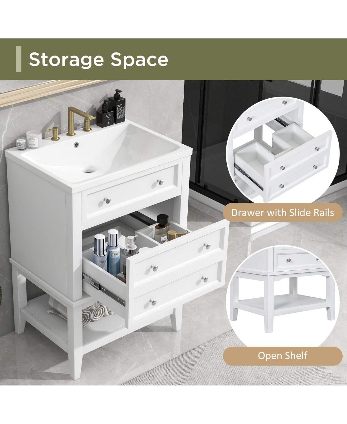 Casainc 24" Bathroom Vanity with Sink, Bathroom Storage Cabinet with Drawer and Open Shelf, Solid Wood Frame