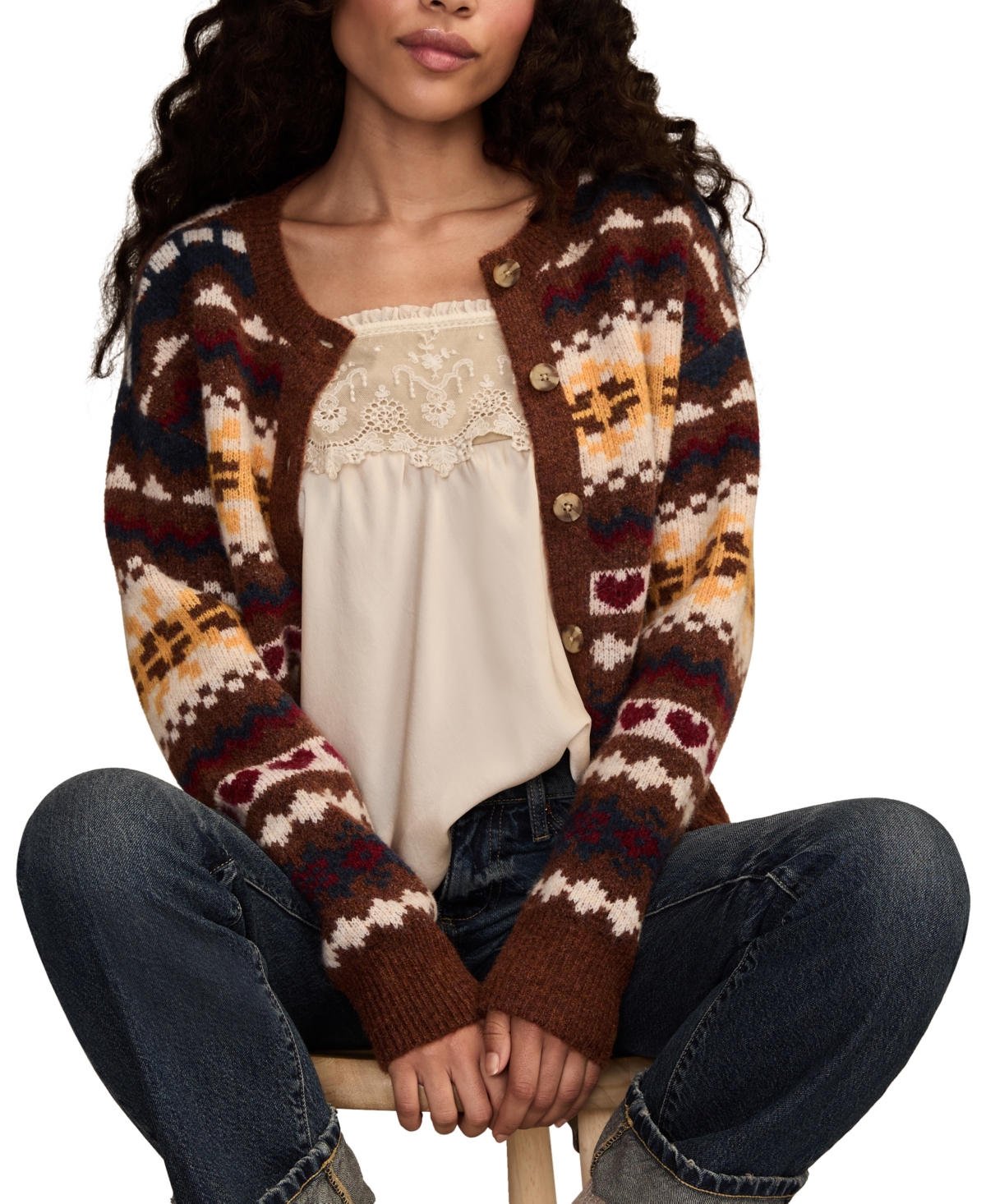 Lucky Brand Women's Fair Isle Crew Neck Cardigan Sweater