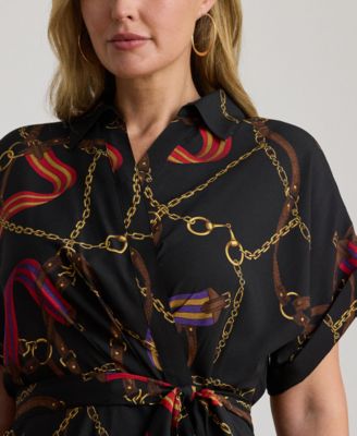 Plus Size Belting-Print Belted Crepe Dress