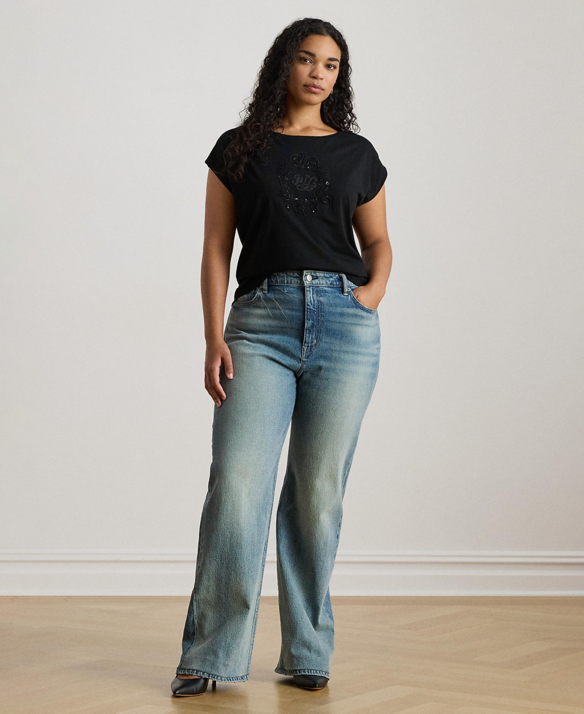 Ralph Lauren Plus Size Sequined-crest Jersey T-shirt In Black