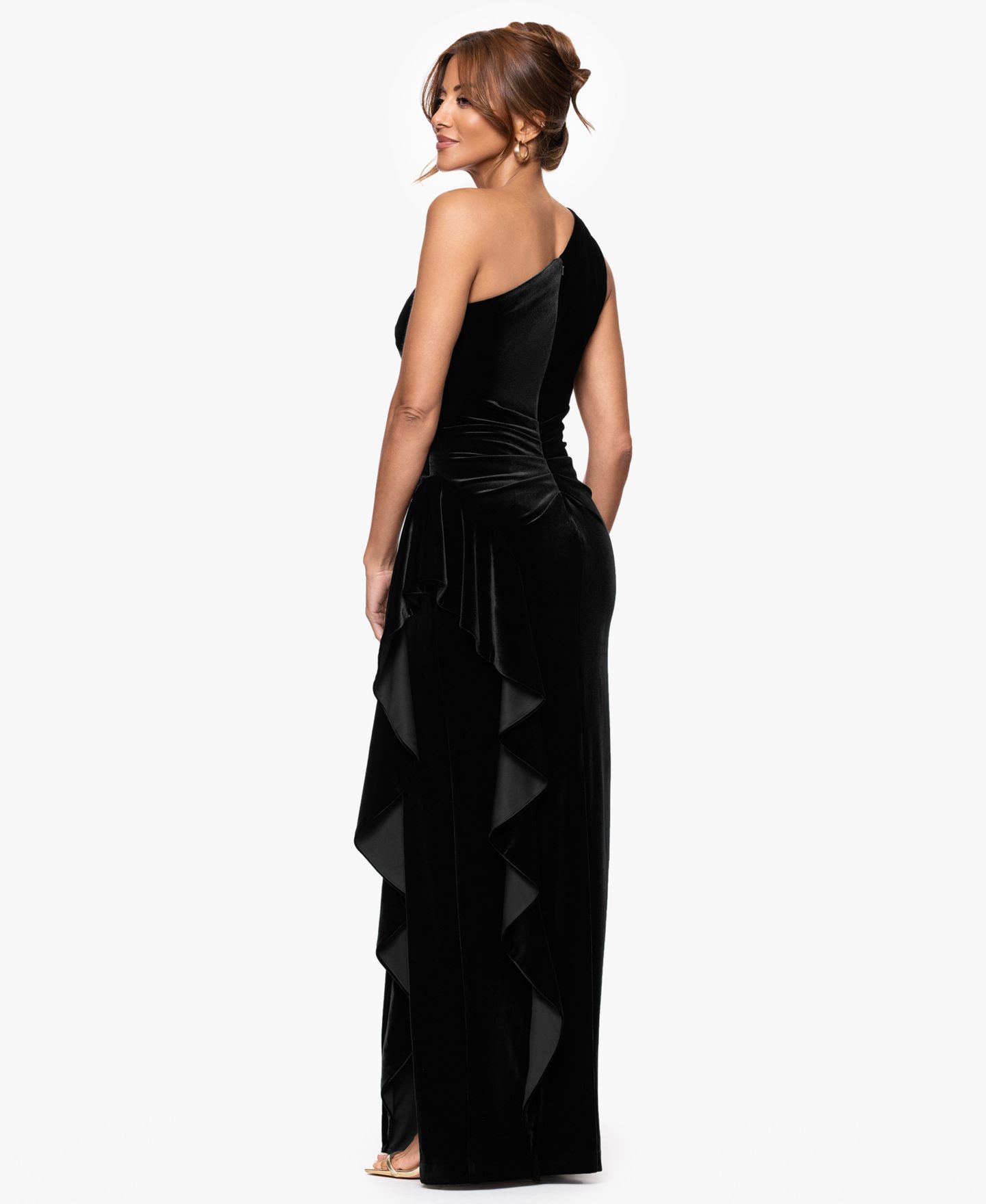 Женское платье XSCAPE Velvet One Shoulder Long Ruffle, цвет: Чёрный — фото 4