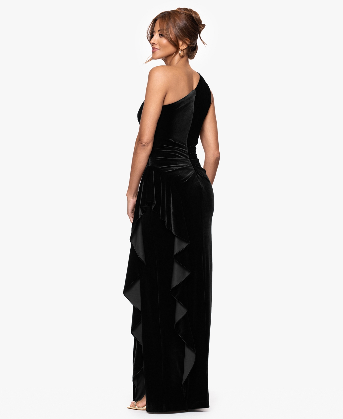 Xscape Women's Velvet One Shoulder Long Ruffle Dress In Black