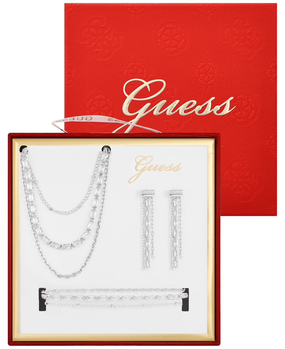 Guess 3-pc. Cubic Zirconia Gold-tone Multi-chain Necklace, Drop Earrings, And Bracelet Set In Silver