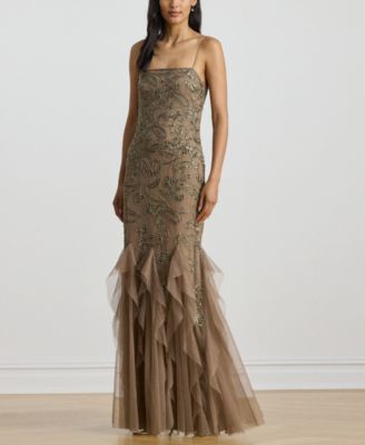 Women's Ruffle-Trim Paisley-Beaded Gown