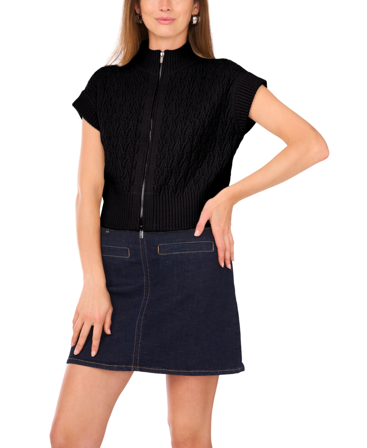 Vince Camuto Women's Pointelle Mock-Neck Front Zip Sweater