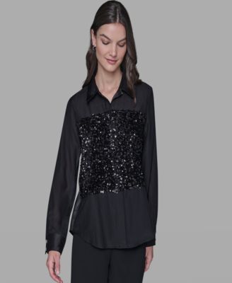 Women's Collar Sequin Detail Top