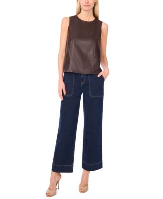 Women's Faux-Leather Sleeveless Crewneck Top 