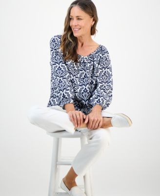 Petite Tile Print 3/4-Sleeve Gathered-Hem Top, Macy's Exclusive