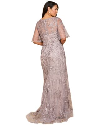 Women's Overskirt Lace Fitted V-Neck Gown with Cape Sleeves