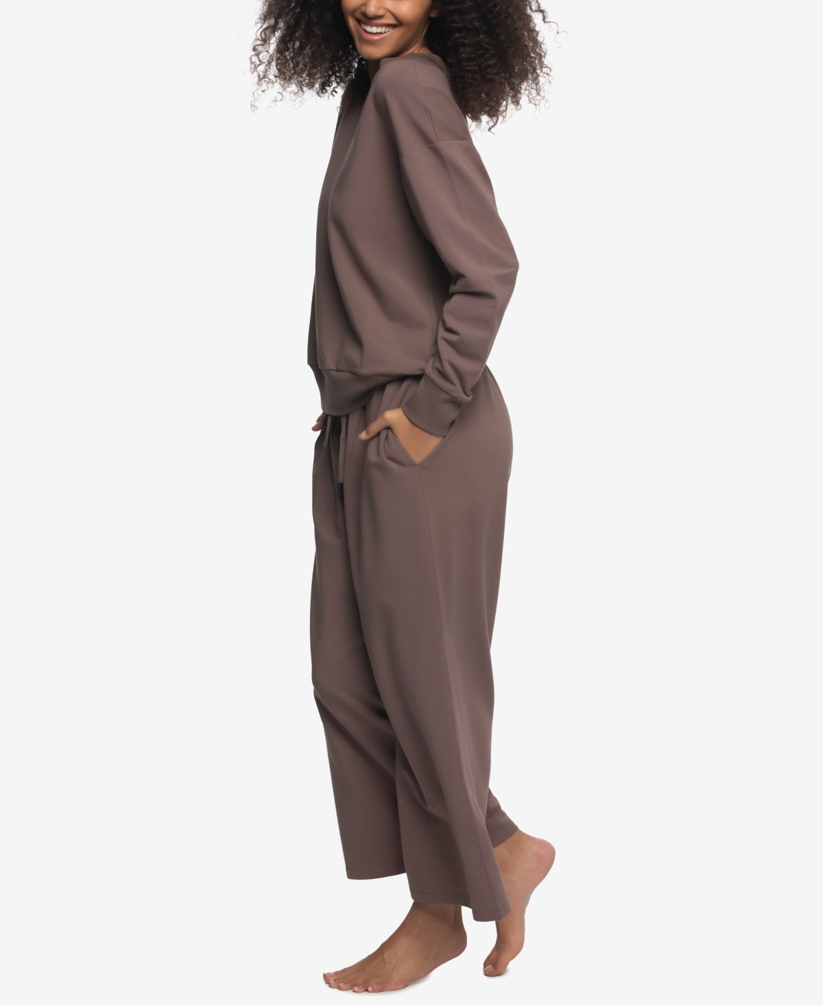 Felina Women's Regular Kimora French Terry V-neck Sweatshirt With Wide Leg Pants In Brown