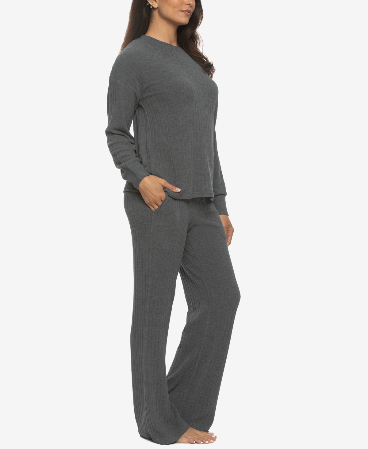 Felina Women's Regular Serena Crew Neck Pullover Brushed Rib Lounge Set In Gray