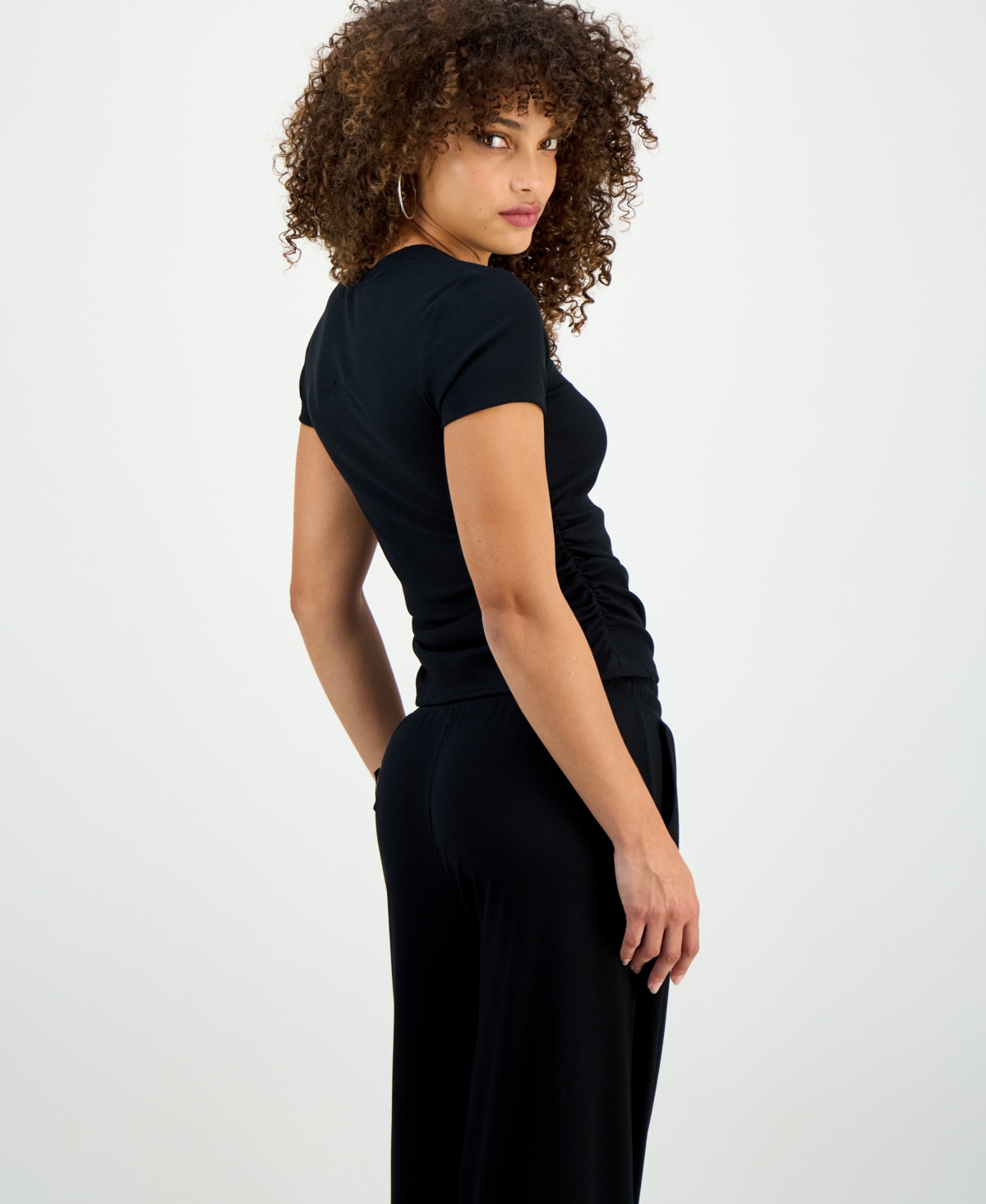 Inc International Concepts Petite Side-ruched Ribbed Knit T-shirt, Macy's Exclusive In Black