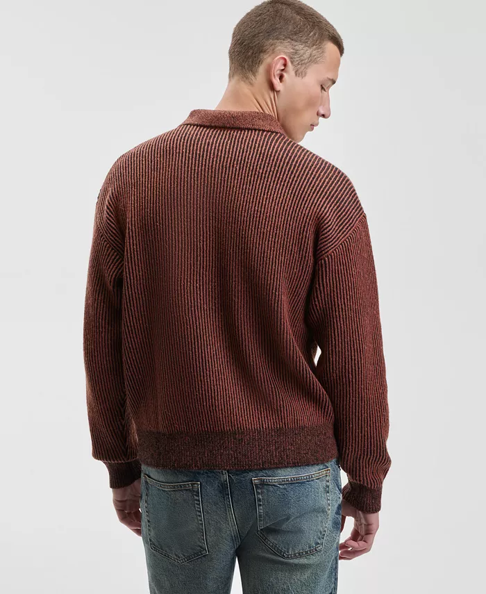 Men's Relaxed Fit Plaited Long Sleeve Polo Sweater - thumbnail 2