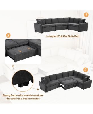 124.8'' L-Shaped Pull Out Sleeper Sofa Bed with USB Ports & Power Outlets, Convertible Sectional Couch for Living Room